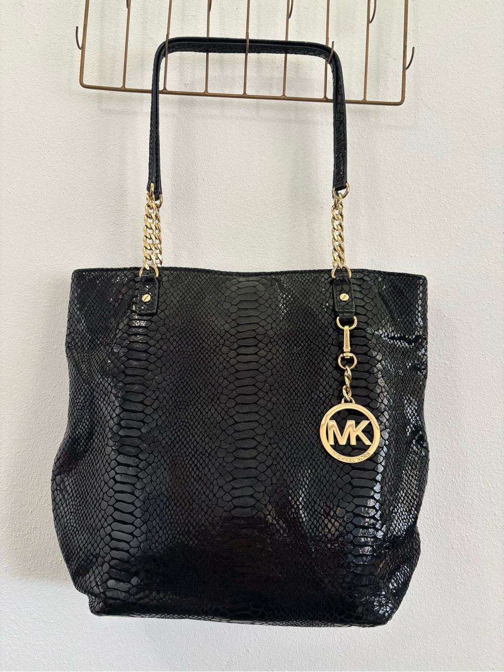 Michael Kors Black Faux-Snake Tote with Gold MK Charm and Chain Straps